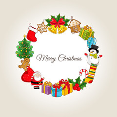 Naklejka premium Christmas celebrating attributes. Santa, gifts, sweets, xmas tree, bells, holly, snowman, stocking vector illustrations. Merry Christmas and Happy New Year concept for greeting cart, party invitation