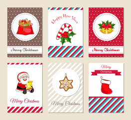 Christmas greeting cards and Xmas party invitations set. Merry Christmas and Happy New Year concepts with sack full of gifts, sock, bells, sweets, holly, Santa with wish list vector illustrations