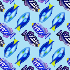 Seamless pattern with colorful watercolor fishes. Hand-drawn watercolour elements. Sea life. 