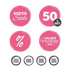 Super sale and black friday stickers. Back to school sale icons. Studies after the holidays signs. Pencil symbol. Shopping labels. Vector