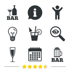 Bar or Pub icons. Glass of beer and champagne signs. Alcohol drinks and cocktail symbols. Information, light bulb and calendar icons. Investigate magnifier. Vector