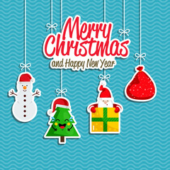 Christmas holiday decoration. Santa with present, sack of gifts, Christmas tree, snowman hanging on ropes vector. Merry Christmas and Happy New Year concept for greeting card, Xmas party invitation