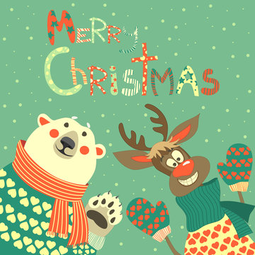 Reindeer and polar bear celebrating Christmas