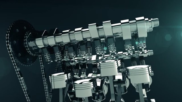 3D animation of a working V8 engine with lens flare.