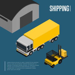 Warehouse and freight shipping isometric vector illustration. Forklift with packing boxes loading freight truck near warehouse. Warehouse logistics, local cargo shipping and distribution business