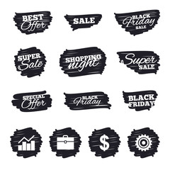 Ink brush sale stripes and banners. Business icons. Graph chart and case signs. Dollar currency and gear cogwheel symbols. Black friday. Ink stroke. Vector