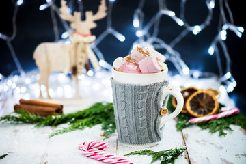 Christmas Setting with Hot Chocolate in a Fancy Sweater Mug