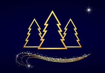 abstract golden trees & curls with sparkling stars & snow - vector illustration