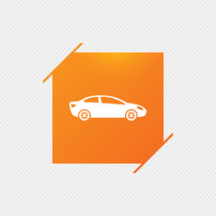 Car sign icon. Sedan saloon symbol. Transport. Orange square label on pattern. Vector
