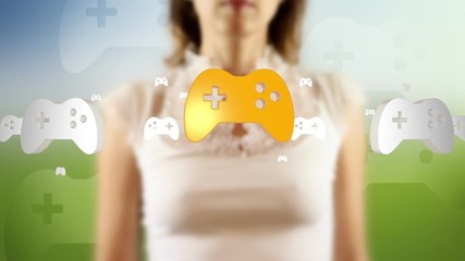 Young female pressing the screen then gamepad symbol appearing - Powered by Adobe