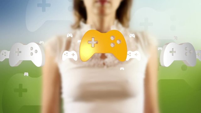 Young female pressing the screen then gamepad symbol appearing