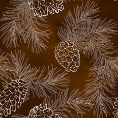 Hand-Drawn seamless pattern with pine cones and branches of coniferous evergreen tree - 128595704