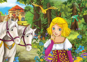 Cartoon happy and funny scene of woman in the forest with her horses near the castle - illustration for children