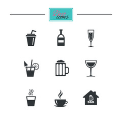 Coffee, tea icons. Beer, wine and cocktail signs. Soft and alcohol drinks symbols. Black flat icons. Classic design. Vector