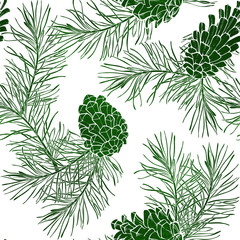 Hand-Drawn seamless pattern with pine cones and branches of coniferous evergreen tree - 128596310