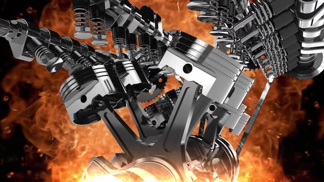 3D animation of a working V8 engine with explosions.