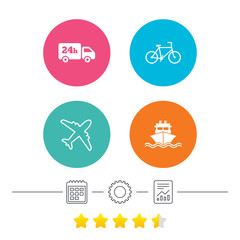 Cargo truck and shipping icons. Shipping and eco bicycle delivery signs. Transport symbols. 24h service. Calendar, cogwheel and report linear icons. Star vote ranking. Vector