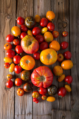 Fototapeta na wymiar Tomatoes of different varieties. Colorful tomatoes Tomatoes background. Fresh tomatoes Healthy food concept. Colorful festive still life. Loosely laid tomatoes in different positions.