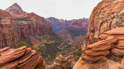 Amazing mountain landscape. Breathtaking view of the canyon. Highway among the rocks. Zion National Park, Utah, USA