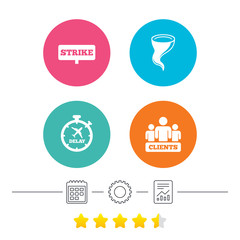 Strike icon. Storm bad weather and group of people signs. Delayed flight symbol. Calendar, cogwheel and report linear icons. Star vote ranking. Vector