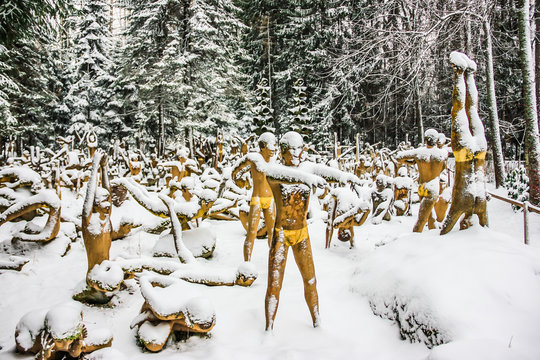 Patsaspuisto (Mystical forest) with 500 sculptures. KOITSANLAHTI, PARIKKALA, FINLAND 