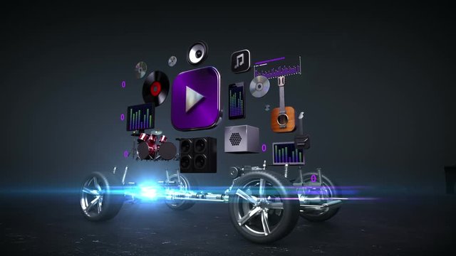 Disassembled car, Car audio video system, car entertainment, navigation panel, future car technology. black background.