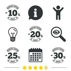 Sale discount icons. Special offer stamp price signs. 10, 20, 25 and 30 percent off reduction symbols. Information, light bulb and calendar icons. Investigate magnifier. Vector
