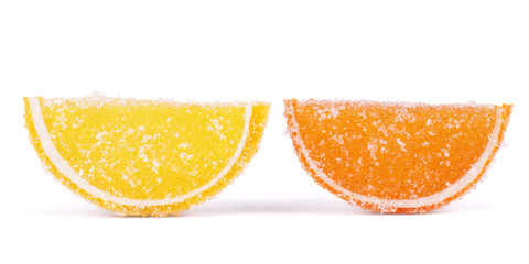 Fototapeta na wymiar Fruit jellies. Jelly candies citrus in form lobules isolated on