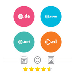 Top-level internet domain icons. De, Com, Net and Nl symbols with globe. Unique national DNS names. Calendar, cogwheel and report linear icons. Star vote ranking. Vector