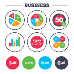 Fototapeta premium Business pie chart. Growth graph. Top-level internet domain icons. De, Com, Net and Nl symbols with globe. Unique national DNS names. Super sale and discount buttons. Vector