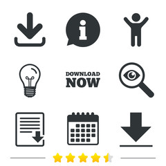 Download now icon. Upload file document symbol. Receive data from a remote storage signs. Information, light bulb and calendar icons. Investigate magnifier. Vector