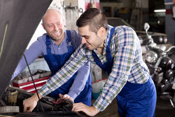 Obraz premium Smiling men in coveralls working