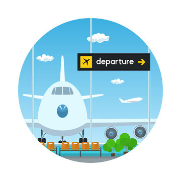 Icon Airport , View on Airplane through the Window from a Waiting Room , Scoreboard Departure at Airport, Travel and Tourism Concept, Flat Design, Vector Illustration