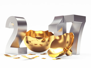Silver 2017 New Year and empty broken golden Christmas ball isolated on white background. 3D illustration