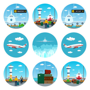 Set of Airport Icons,Scoreboard Departure and Arrival,View on Airplane and Control Tower through the Window from a Waiting Room with People,Airplane Flying to the East and West,Luggage Bags