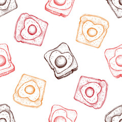 Vintage egg in a basket illustration. Hand drawn card design for Valentine's day. Good Morning! Vector seamless pattern with holiday breakfast.