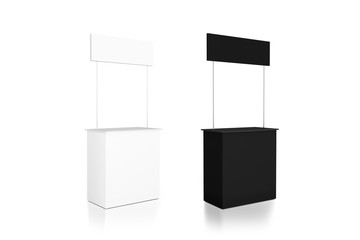 Blank black and white promo counter mockup stand, side view, 3d rendering. Trade promotional pop up, exhibition mock up set.