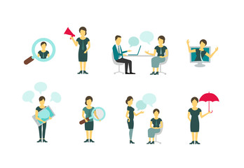 Naklejka premium Set female in business. Search and dialogues. Working women.