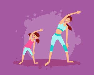 Mother and daughter engage in fitness. Flat design. Vector illustration