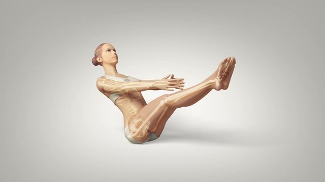 Yoga Floating Boat Pose Of Stretching Female With Visible Skeleton