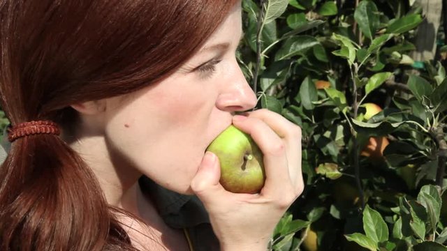 Young woman picking and biting apple