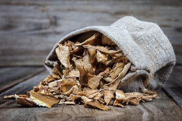 Dried porcini mushrooms in a canvas bag