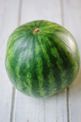 Whole undivided watermelon on white background. Small green watermelon from Brasilia