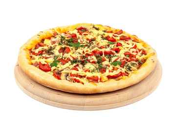 Pizza on a wooden board isolated on white background