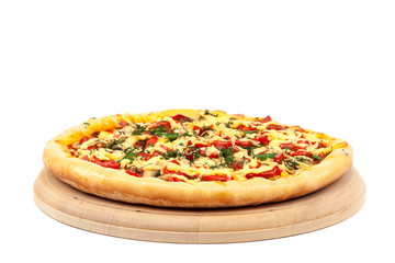 Pizza on a wooden board isolated on white background