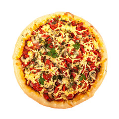 Pizza on a wooden board isolated on white background