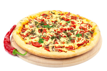 Pizza on a wooden board isolated on white background