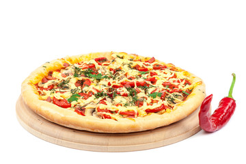 Pizza on a wooden board isolated on white background