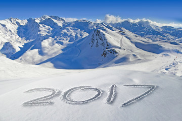 2017 written in the snow, French Alps mountain landscape in winter