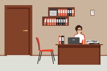Web banner of an office worker. The young woman is an employee at work. There is brown furniture, red chairs, shelves with folders in the picture. Vector flat illustration